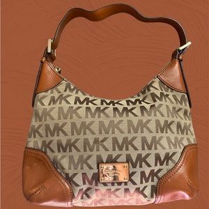 Michael Kors Tan and Beige MK Logo Shoulder Bag